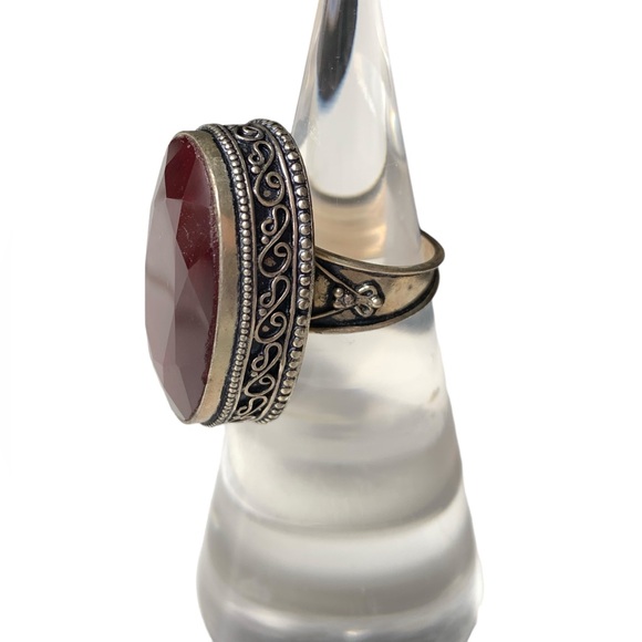 Vintage Sterling Silver Ruby Red Faceted Oval Glass Woman’s Ring Jewelry Garnet - Picture 2 of 8